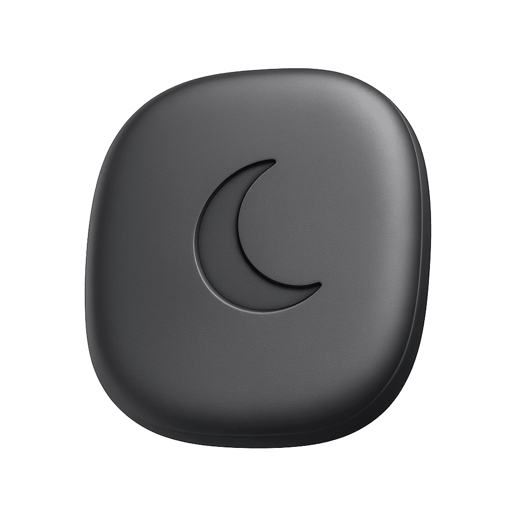 The Lark tag, a rounded puck with a crescent moon